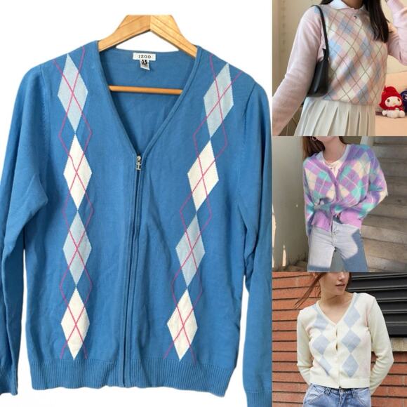 VINTAGE Y2K Pastel Argyle Cardigan Sweater Blue Pink Tennis Preppy Coastal Sz L - Picture 2 of 11